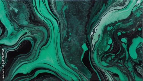 Emerald Black Acrylic Pour, Liquid Marble Abstract Surfaces, Shifting Emerald Green.