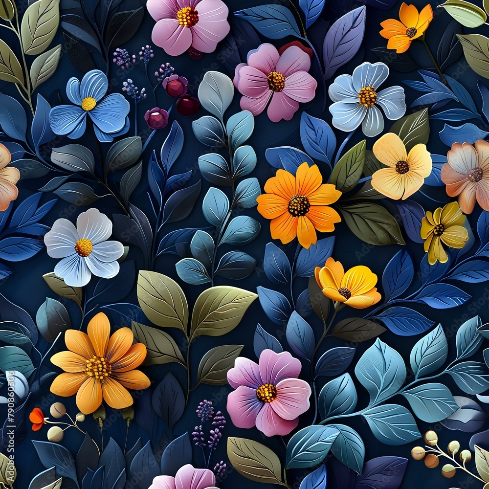 Elegance and Vibrancy in Navy Blue Botanical Artwork
