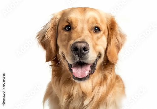 Golden Retriever is shiny golden fur and affable expression suggest a well-cared and gentle nature. The dog appears relaxed and attentive, set against a clean, white background.