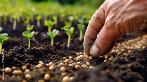 A person is planting seeds in a field of dirt, AI
