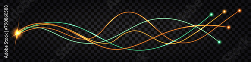 Fiber optic cable lines. Swirl wave, yellow and green light glowing effect, thunder bolt. Cyber data communication,  futuristic hi tech design. Isolated on transparent background, vector illustration