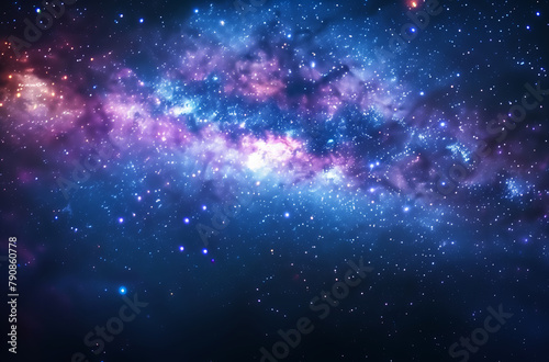 Cosmic Vista of a Star-Forming Nebula Illuminated in Vibrant Hues of Purple and Pink. A dark night sky with the Milky Way galaxy visible, stars scattered across its surface. 