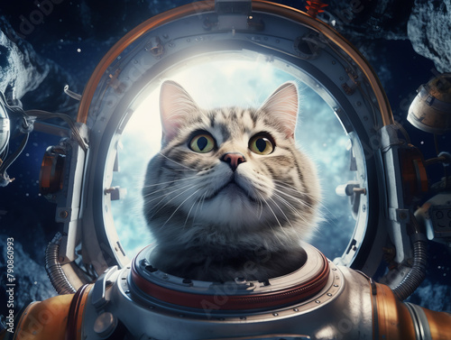 A cat is in a space suit and looking out the window of a spaceship