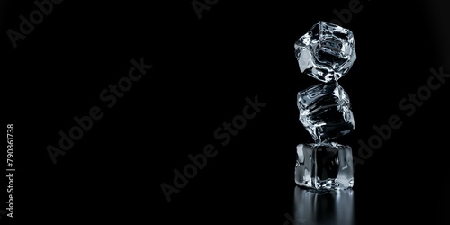 Three transparent ice cubes stacked on black background with reflection and copy space