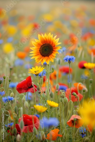 A vast field of cornflowers  poppies and bluebells with one sunflower in the middle  summer photography. 