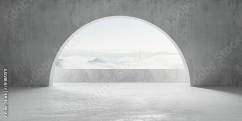 Abstract empty, modern concrete room with round opening in the back wall with balcony and cloudy mountain view - industrial interior background template