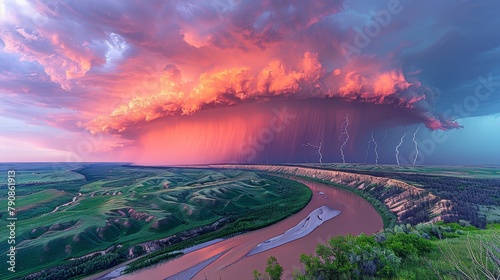   A storm approaches from the sky, casting dark clouds over a river and a verdant green valley The foreground features a distinctively red river