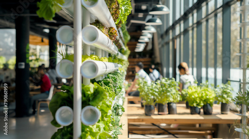 Modern urban farm inside an office building, with people eating lunch in the background while plants grow on white walls and green sustainable technology elements.