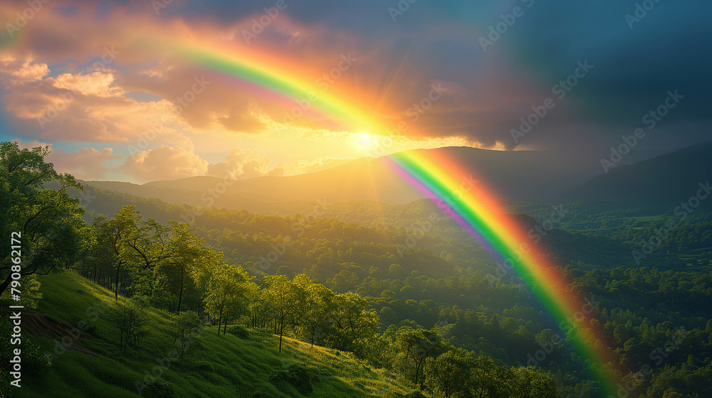 A rainbow streaks through the forest in the middle of a beautiful valley. A rainbow streaks through the forest in the middle of a beautiful valley.