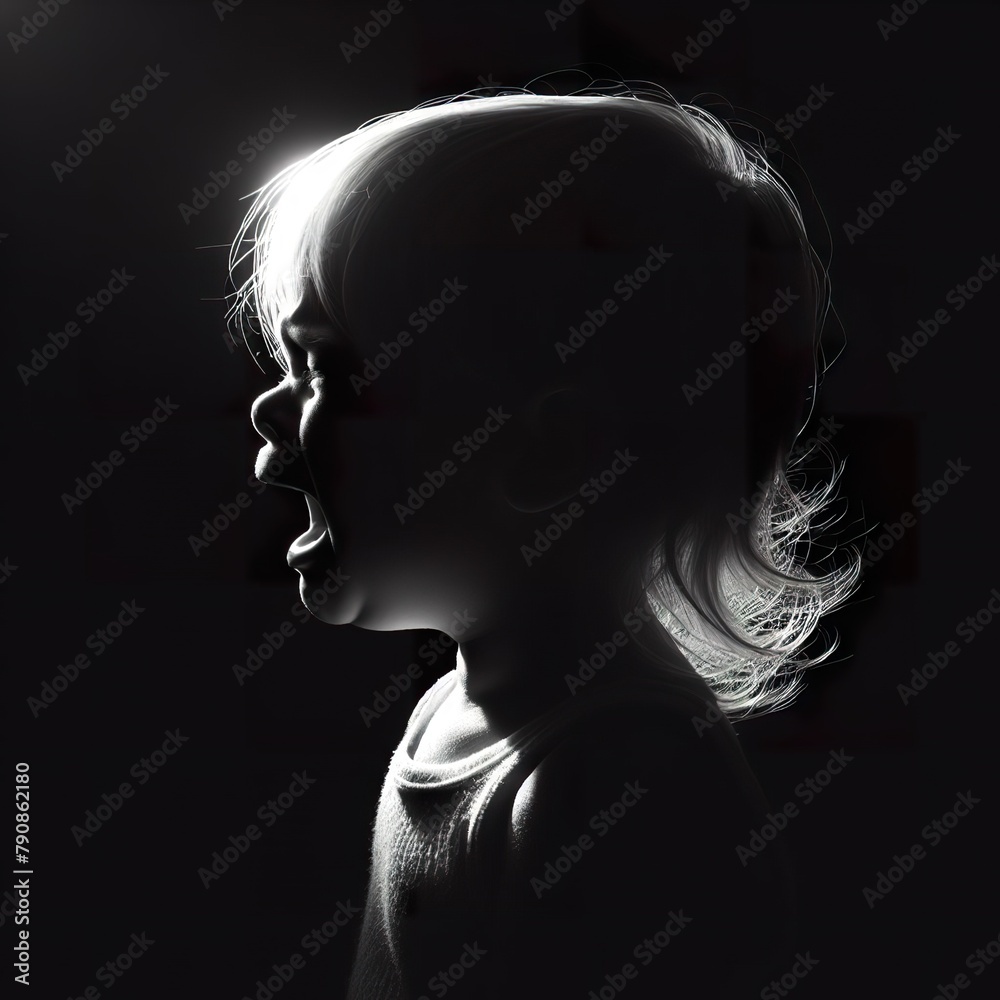 Black background Rim light a child crying in profile photography, with the light shining on hair