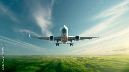 Sustainable aviation fuel concept of flight running on biofuel green energy