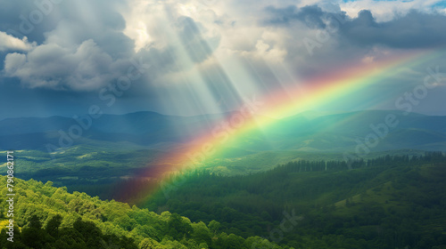 A rainbow streaks through the forest in the middle of a beautiful valley. © Gun