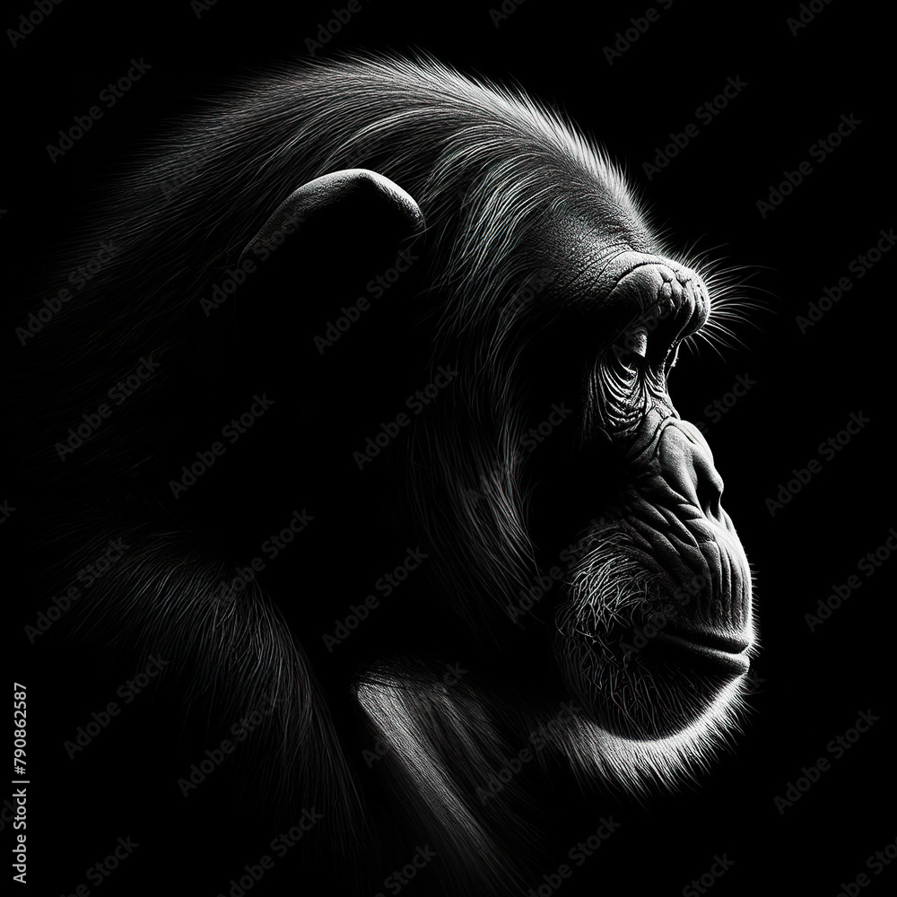 Black background Rim light Chimpanzee, monkey in profile photography, with the light shining on its fur