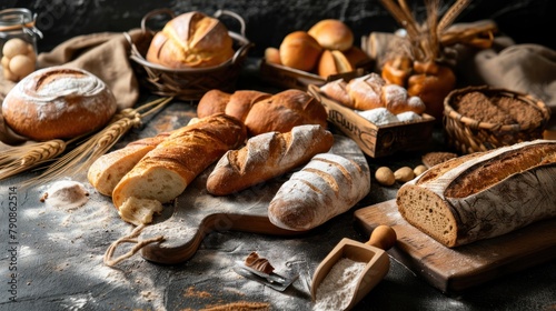 Assortment of baked bread. Freshly baked bread . Variety of bread on a wooden table. Bakery background. Bakery concept with copy space. © John Martin