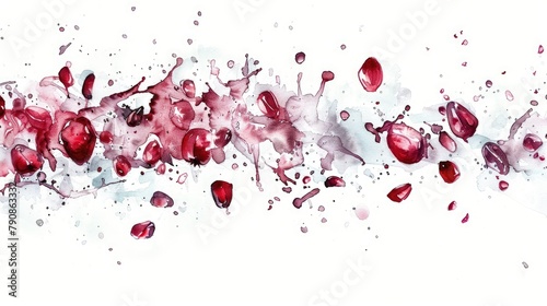Watercolor illustration of pomegranate seeds scattering in water