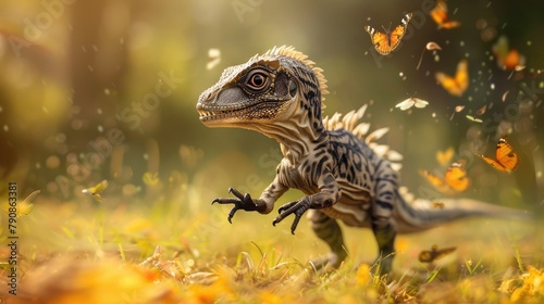 A cute velociraptor puppy chasing butterflies in a meadow