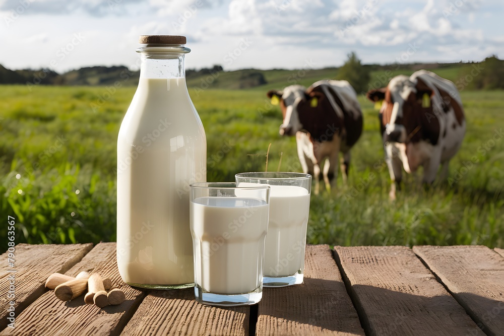 Bottle and glasses of milk on wooden table cows grazing behind Bottle and glasses of milk on wooden table cows grazing behind