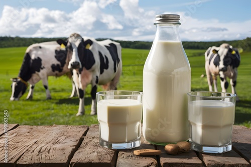 Bottle and glasses of milk on wooden table cows grazing behind