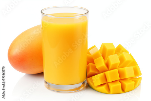 A glass of Mango juice and slices of Mango isolated on white background cutout