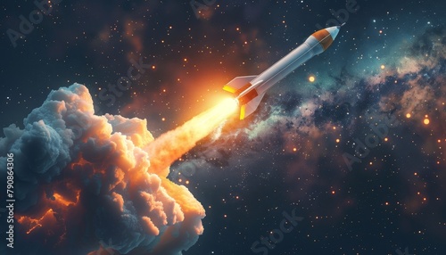 Rocket launching into space, representing breakthrough innovation and reaching new heights photo