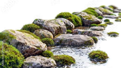 A rock covered in moss and surrounded by water