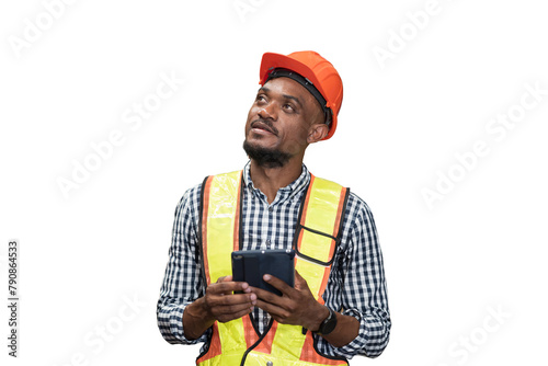 African American male worker using digital tablet during working on transparent background. Mmale engineer working on transparent background
