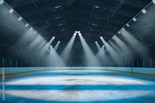 Empty ice rink illuminated by spotlights creating frosty scene