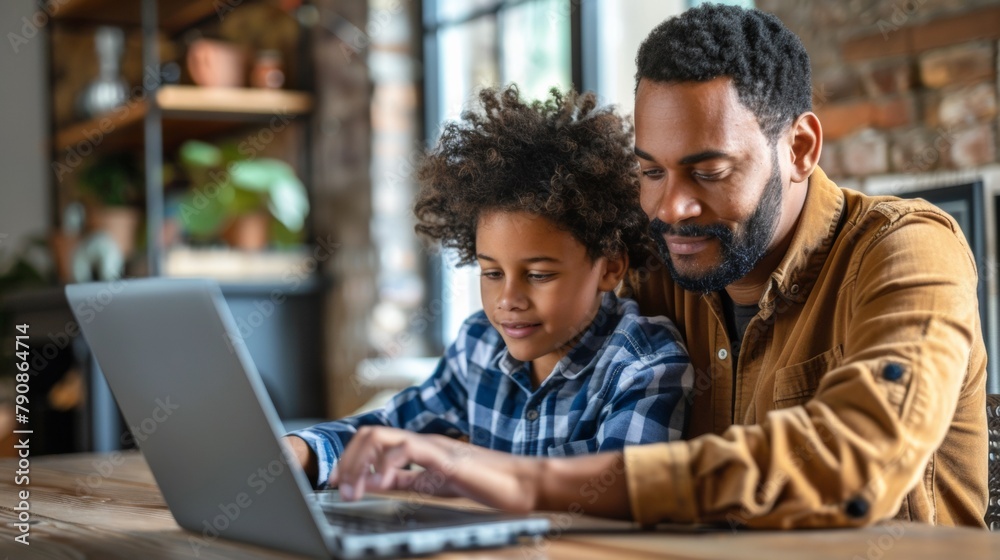 A man and child working on a laptop together at the table, AI A man and child working on a laptop together at the table, AI