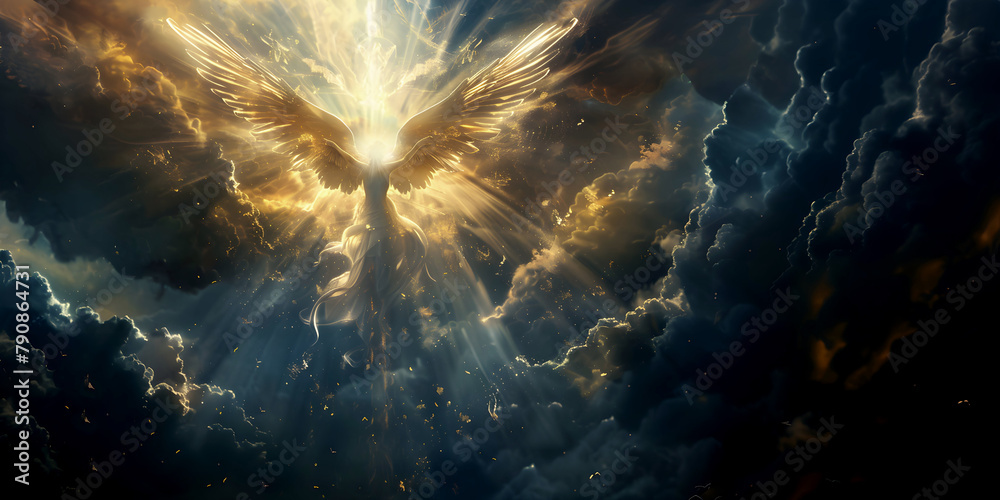 Naklejka premium Angel mythology, abstract oil painting of a beautiful, mighty flying angel spreading arms and wings. Dramatic mythology vibe background, clouds and sunrays, representing good and evil.