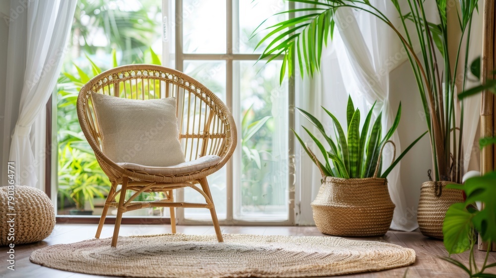 A chair sitting in front of a window with plants and potted flowers, AI A chair sitting in front of a window with plants and potted flowers, AI