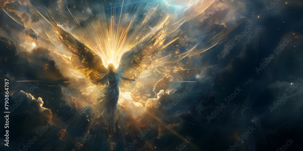 Angel mythology, abstract oil painting of a beautiful, mighty flying angel spreading arms and wings. Dramatic mythology vibe background, clouds and sunrays, representing good and evil. - obrazy, fototapety, plakaty 