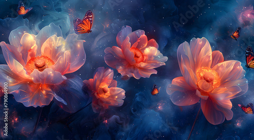 Celestial Oasis: Glowing Flowers and Prismatic Butterflies in Cosmic Garden © Thien Vu