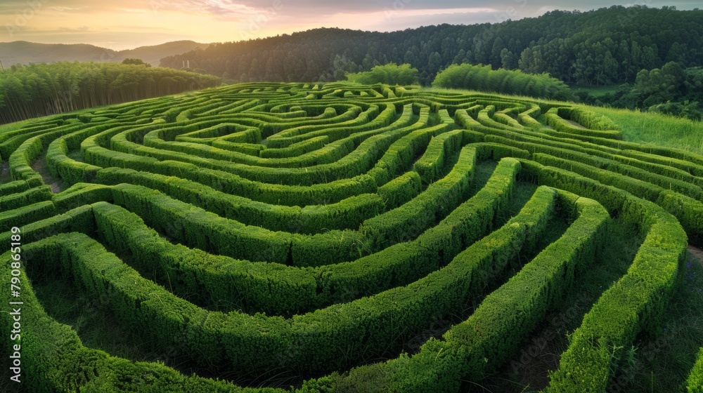 Obraz premium A large maze of hedges in the middle of a field, AI