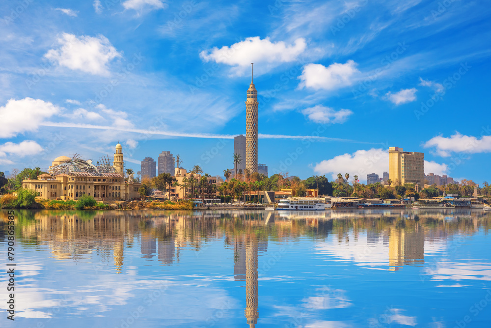 View on the Cairo Tower at cloudy day, Gezira island in the Nile, Egypt