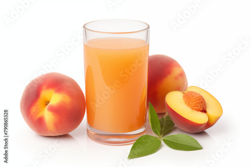 A glass of Peach juice and slices of fresh Peach fruit isolated on white background cutout