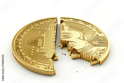 Gold bitcoin coin broked in half photo