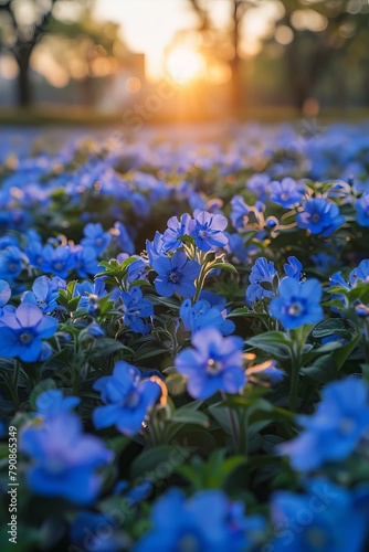 The ground is covered with blue flowers, and the sky in front has a beautiful sunrise. 