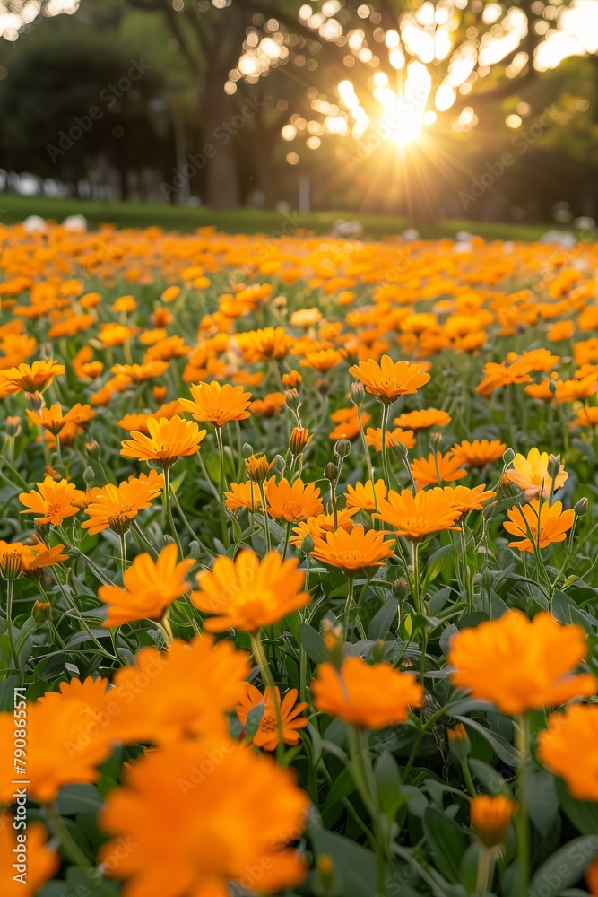 The ground is covered with orange flowers, and the sky in front has a beautiful sunrise. 