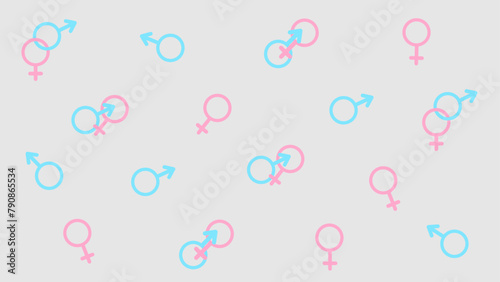 Gender symbols background. Blue male symbols and pink female symbols on a light gray background