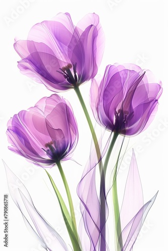 White background  three purple tulips composed of lines 