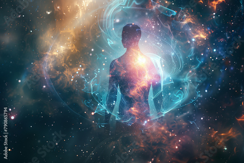 human body radiating with the energy of a luminous astral body, enveloped by a softly glowing causal body, against a mystical backdrop, symbolizing the multi-dimensional nature of photo