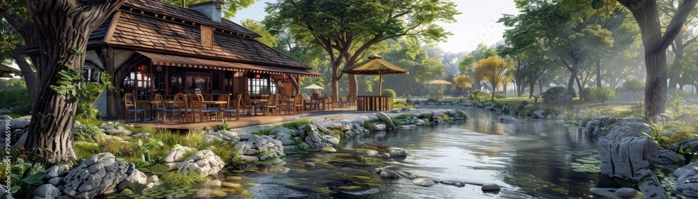 A beautiful, serene scene of a river with a wooden house and a patio