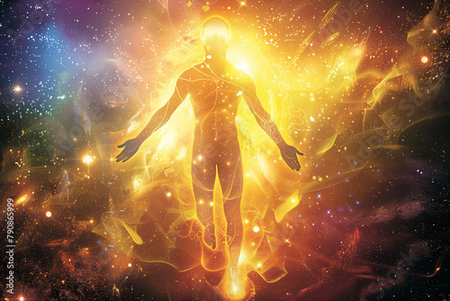 luminous aura of a human body, intertwined with the glowing energy of an astral body, surrounded by a softly radiant causal body, against a cosmic backdrop, symbolizing the transce