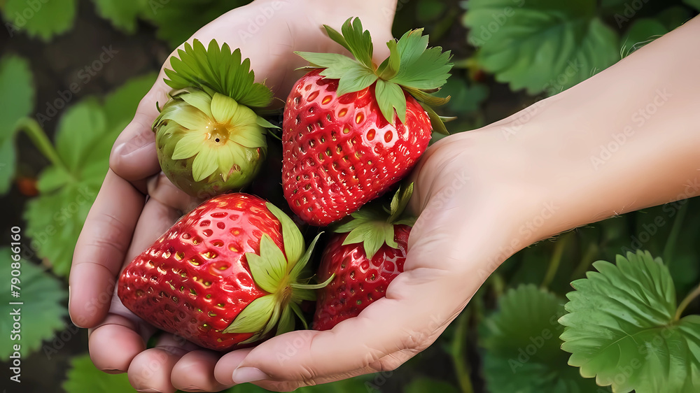 Obraz premium Delicious big strawberries with green leaves with hand holding strawberries red fruit fresh newly pick healthy food