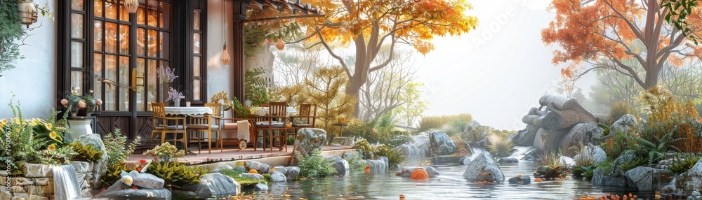A beautiful garden with a house and a small waterfall