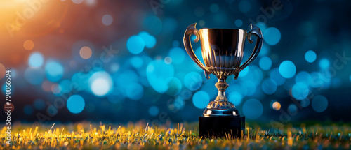 Gleaming Trophy on a Lush Grass Field with Sparkling Blue Bokeh Background. Sport banner with empty copy space. Generative AI