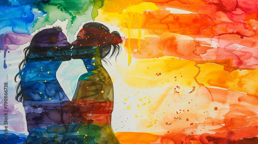 two girls kissing, rainbow watercolor background. For Pride Month, banner, design, advertisement, web, social media, shop, presentation, poster - obrazy, fototapety, plakaty 