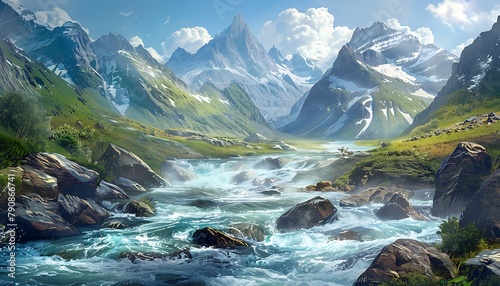 illustration-style landscape photo depicting a rugged, turbulent river flowing through the mountains photo