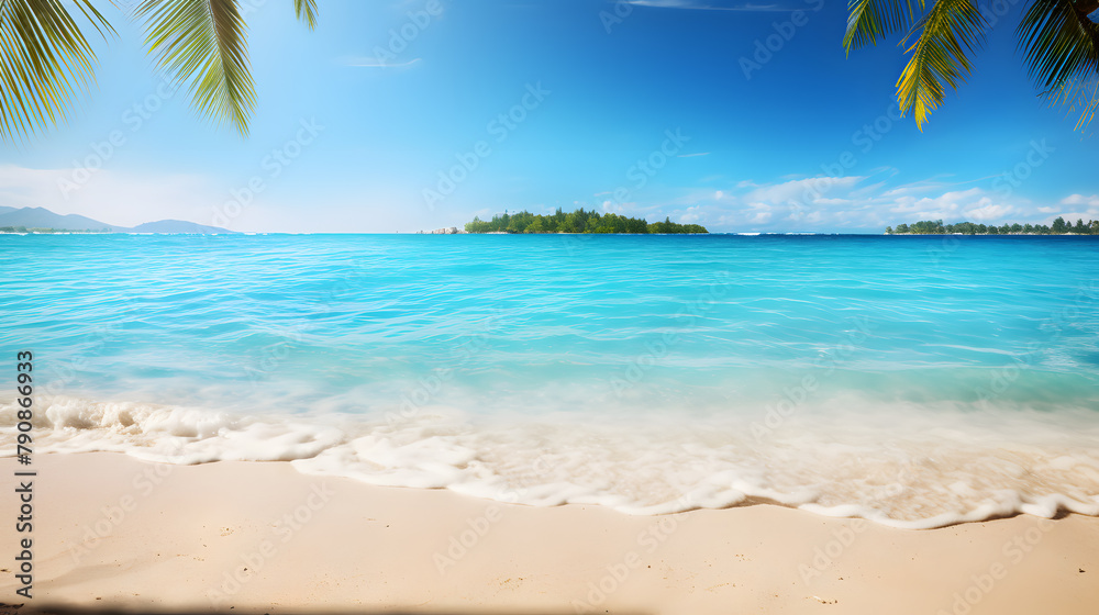 Sunny tropical ocean beach with palm trees and turquoise water background