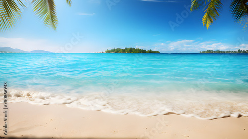 Sunny tropical ocean beach with palm trees and turquoise water background